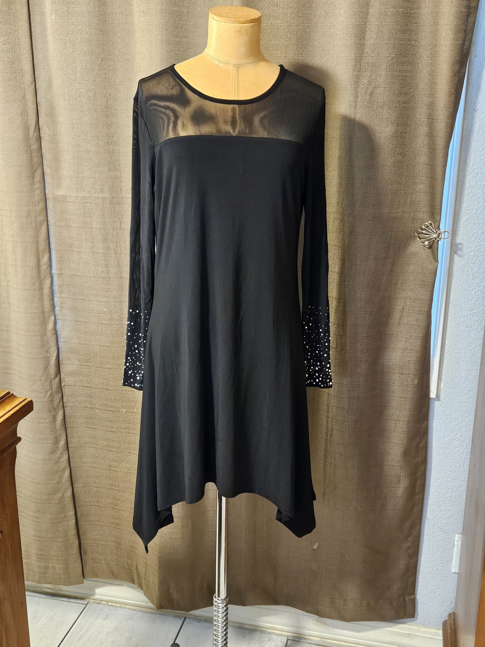 Black Asymmetrical Long-Sleeve Dress with Sheer Yoke and Embellished Cuffs